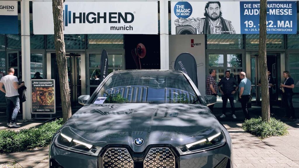 BMW iX in front of the entrance of the High End 2022 iin the Munich M.O.C.