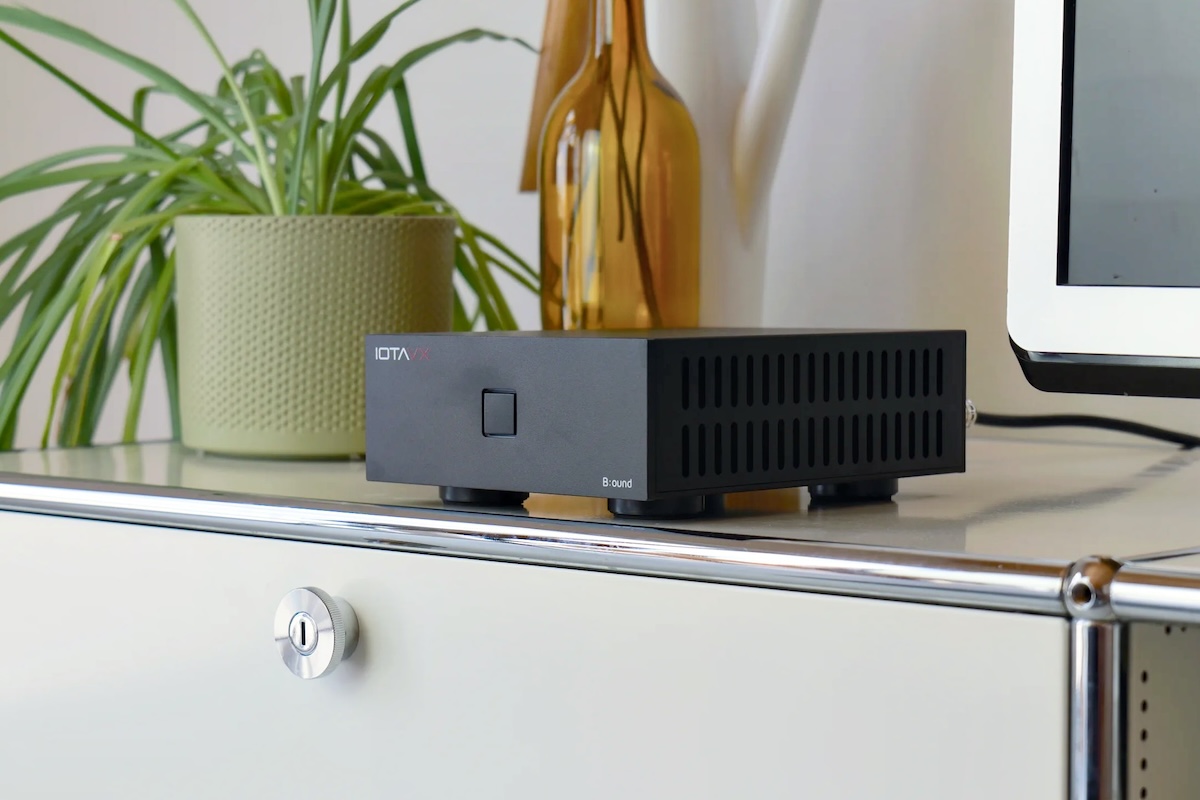 IOTAVX B:ound, viewed from the front at an angle on a sideboard