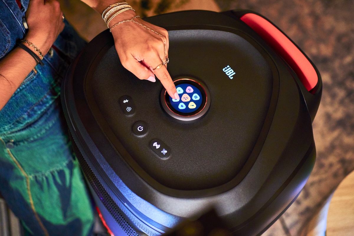 PartyBox Ultimate 2 with illuminated front panel and touchscreen, viewed from above