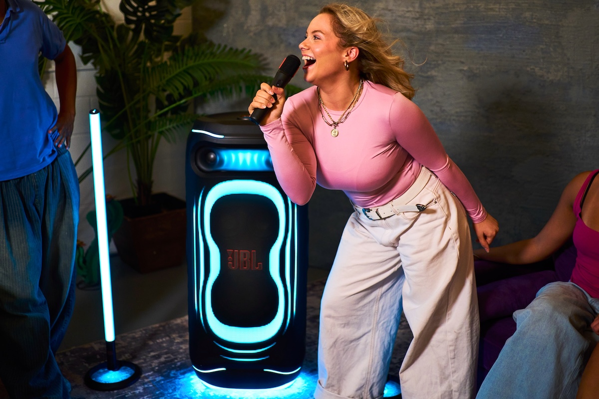 JBL PartyBox Ultimate 2 with an illuminated front panel and touchscreen